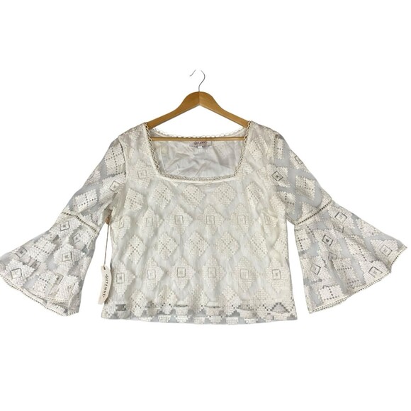 Shyanne Diamond Embroidered Mesh Top Ivory Bell Sleeve Lace Boho Western Sz L - Picture 1 of 10